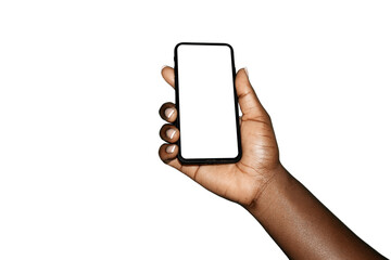 pretty Black african female hand holding phone facing camera with blank yellow screen isolated on transparent background. blank screen, colorful phone screen mockup, front view 