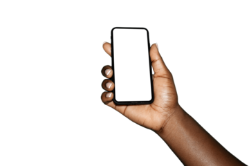 pretty Black african female hand holding phone facing camera with blank yellow screen isolated on transparent background. blank screen, colorful phone screen mockup, front view 