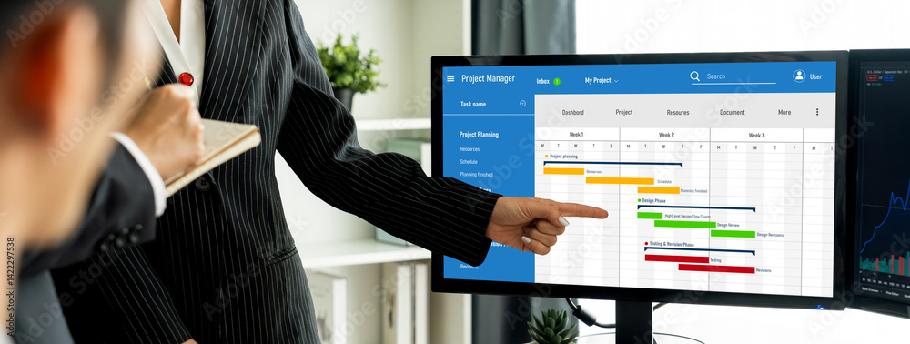 Poster project planning software for brisk business project management on the computer screen showing timel