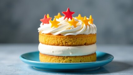 delicious layered cake on a blue plate