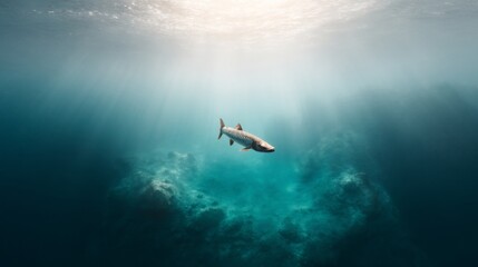 A single fish swims gracefully through deep, sunlit ocean depths