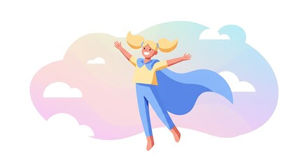 Fototapeta premium Dreamy illustration of a cheerful girl as a hero flying in the sky with cape
