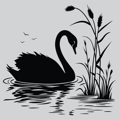 A swan swimming on a lake  image silhouette design vector art and illustration
