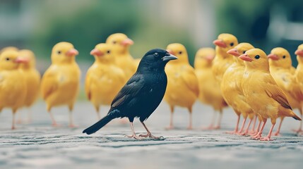 Naklejka premium Black Bird Centered Among Yellow Birds of an Army Formation