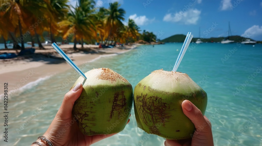 Poster two hands hold green coconuts with straws, enjoying refreshing drinks on a warm beach. palm trees sw