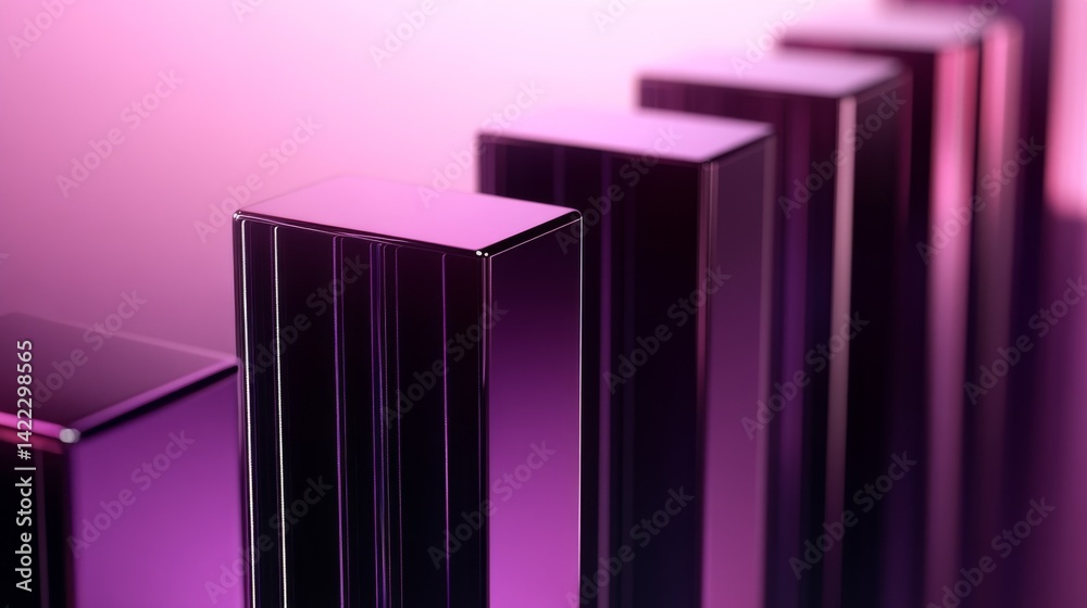 Poster a close-up view of a d bar graph, featuring shiny metallic bars with reflections, set against a grad
