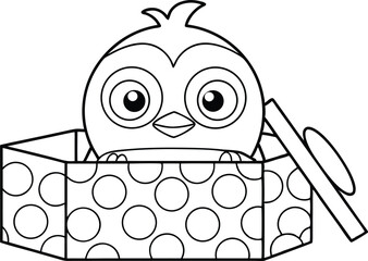 Outline cute penguin pops out from a polka dot gift box, celebration, monochrome