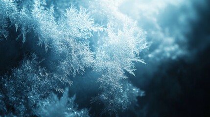 Frozen pattern on winter glass photo overlay. Blue ice frost background, texture wallpaper. Crystals of snow on window surface. Screen abstract design