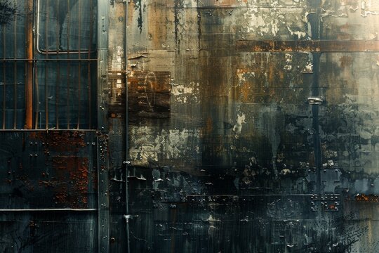 Close-up of a weathered metal wall with rusty bars and hints of urban decay, A gritty texture with a hint of urban decay, capturing the essence of a forgotten cityscape