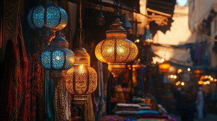 Vibrant moroccan lanterns and colorful textiles in a traditional market setting.