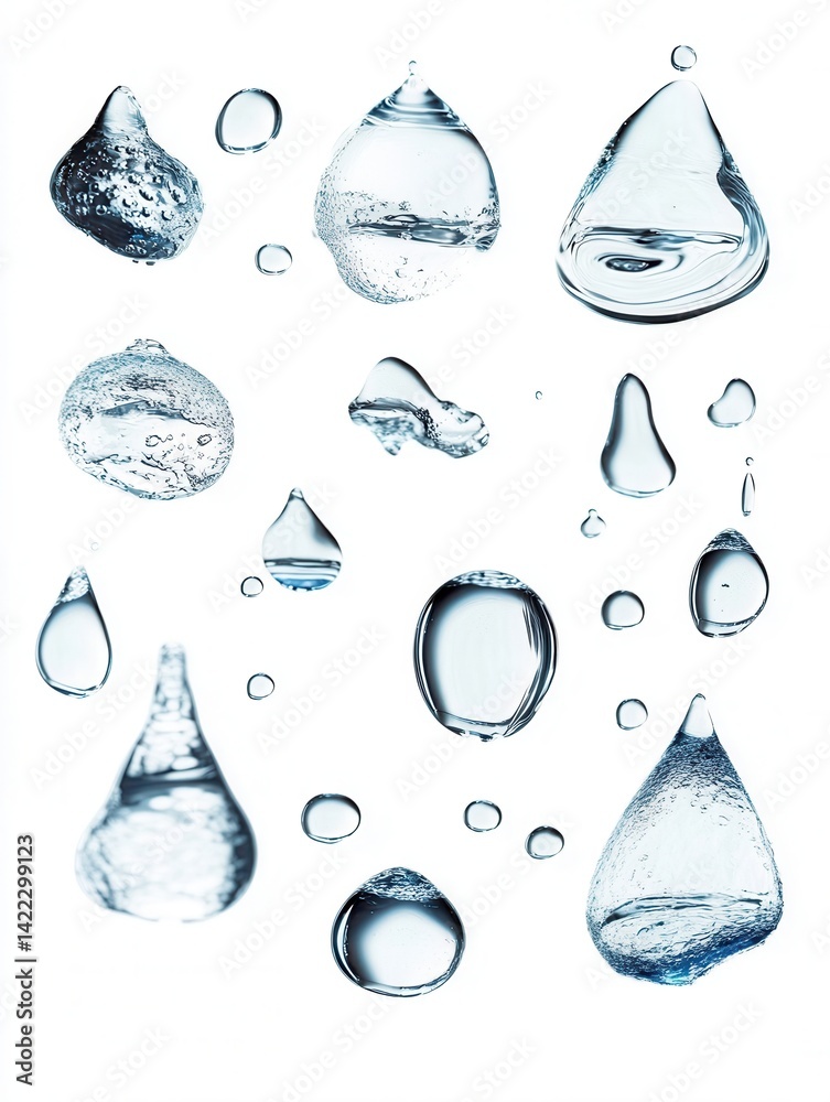Poster captivating array of transparent water droplets floating against a pristine white backdrop in a stud