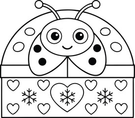 Ladybug on Box with Hearts and Snowflakes, Insect, Outline, Black and White, Cute