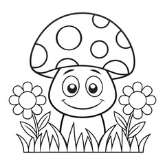 Adorable Cartoon Mushroom with Flowers and Nature Scene Coloring Page