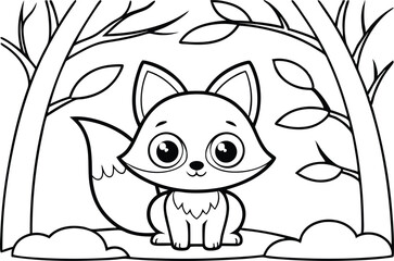 Fox Cub Sitting, Trees, Outline Style, Cute Cartoon Animal, Forest Drawing