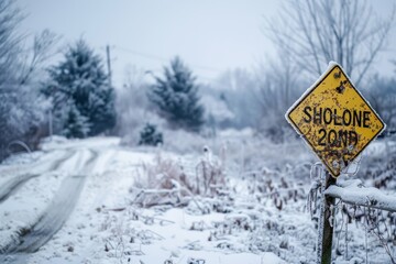 A yellow school zone sign stands in a snowy landscape, warning drivers to slow down for children, A school zone sign in a snowy landscape