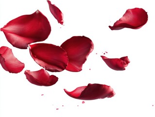 Fototapeta premium Elegant arrangement of vibrant crimson rose petals floating gracefully against a pristine white background romantic and delicate floral composition