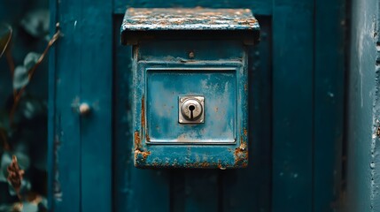 Vintage Mailbox: A close-up shot of a vintage mailbox, its faded blue paint peeling off, and a single keyhole the only hint of its former use.