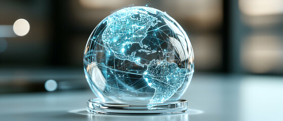 A digital globe showcasing interconnected networks. It visualizes global connectivity perhaps for tech business or futuristic projects. It might show global communication.