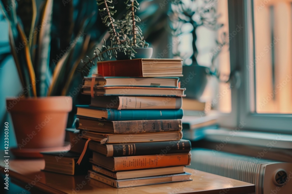 Poster a stack of books of varying sizes rests on a table near a window, a stack of textbooks of different 
