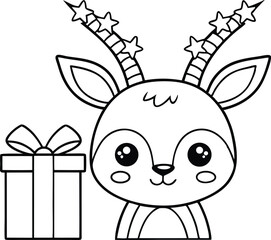 Cute Line Art Reindeer with Star Horns and Present Box, Transparent Background