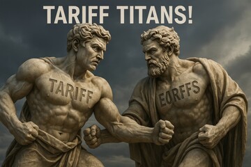Two statues of men are fighting, one of them has the word tariff on his chest.