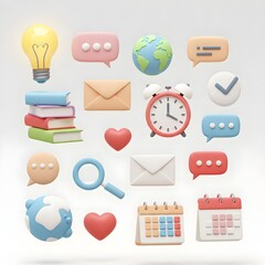 set of icons for web, 3D Social Media and Education Icon Set on White: Communication and Learning