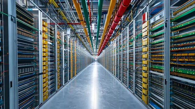 Modern server room hallway; colorful pipes, racks, and cables