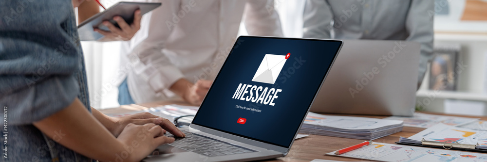 Poster Email notification message showing on computer screen brisk. Digital marketing message information text from business to customer client