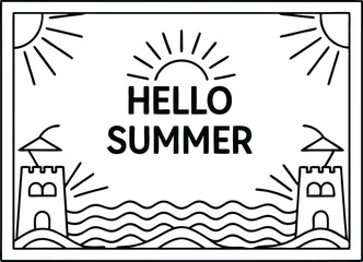 Hello Summer In With Beach Sandcastle Sea Waves And Sun Line Art Drawing