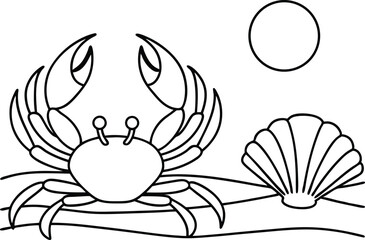 Crab outline with seashell and sun element on transparent background clip art