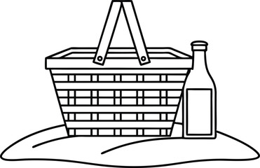 Picnic Wicker Basket And Bottle Outline, Simple Line Drawing Picnic Elements