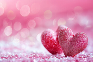 Fototapeta premium Sparkling sugar hearts on pink bokeh background. Love and Valentine's Day theme. 