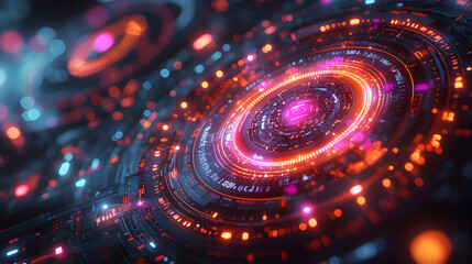 Obraz premium A futuristic digital artwork showcasing interconnected circuits. Ideal for tech websites or presentations on data processing and network design. Offers a dynamic visual for high-tech concepts.