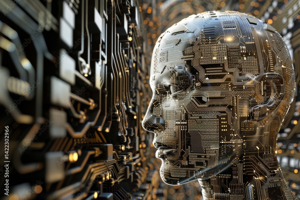 Poster digital human head with complex circuitry, showcasing algorithms impact on ai progress, expressing t