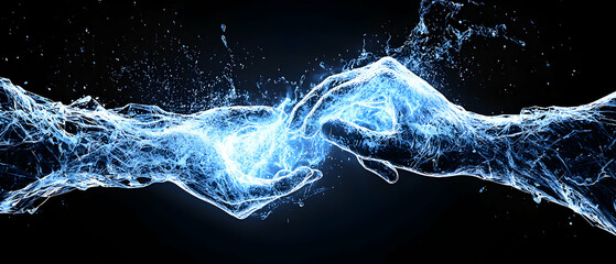 Artistic rendering of hands made of water. The hands appear to be connecting. Great for fantasy or ethereal designs possibly album art.