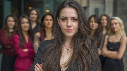 Obraz premium Confident Female Leader with Diverse Team: Portrait of a Young Businesswoman and her Multiethnic Colleagues, Symbolizing Strength, Unity, and Success in Modern Business.