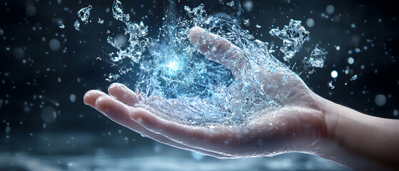 A hand cradles water frozen in motion capturing ethereal beauty. Perfect for fantasy themed art or nature visualizations evoking fluidity and transformation.