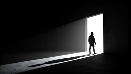 Obraz premium Silhouette of figure in doorway with bright backlight in dark minimalist room symbolizing hope and escape