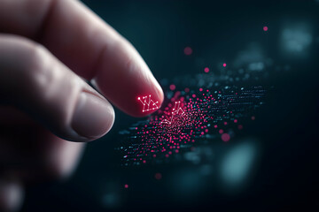 Finger interacting with digital data. Concept of technology touch access and virtual interaction. Use it for tech presentations website background or UI design.