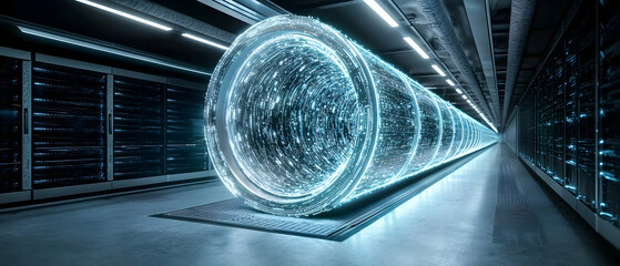 Futuristic data center tunnel. Suggests high-speed data transfer. Visualizes digital information flow. Ideal for IT infrastructure or tech-related presentations.