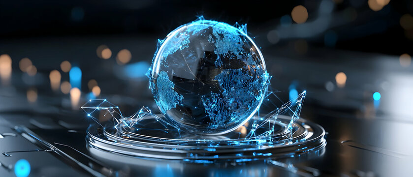 A digital globe shows a connection network. It illustrates global technology communication and data transfer. Suitable for tech websites data centers or cloud services. - Powered by Adobe