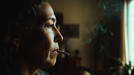Fototapeta premium Pensive Mid-Aged Woman Smoking in Dimly Lit Room, Contemplation, Solitude, and Introspection Reflected in Profile Portrait