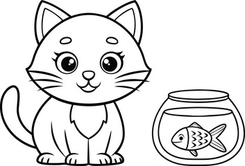 Outlined Cat Sitting Beside Fishbowl With Swimming Fish, Transparent Background