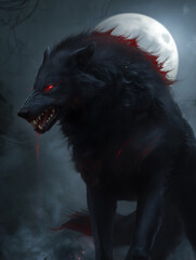 Dark Fantasy Black Wolf, Fierce Glowing Red Eyes, Supernatural Creature, Mystical Forest Setting, Digital Painting, Intricate Details, Intense Gaze, Threatening Posture, Shadowy Atmosphere, Gothic