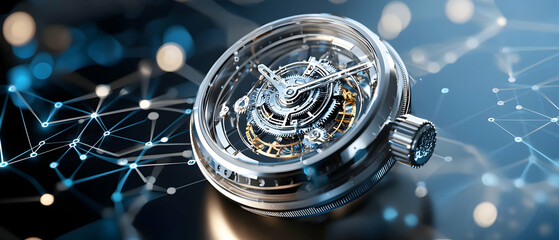 An intricate watch showcases gears and design. Ideal for promoting luxury timepieces. It conveys precision and technological advancement. Use it in tech or watch ads.