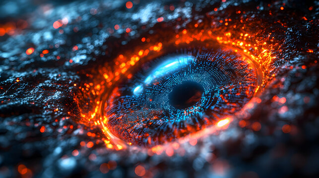 A futuristic eye design with vibrant orange and blue colors. Suitable for sci-fi art digital art or promotional materials for technology.