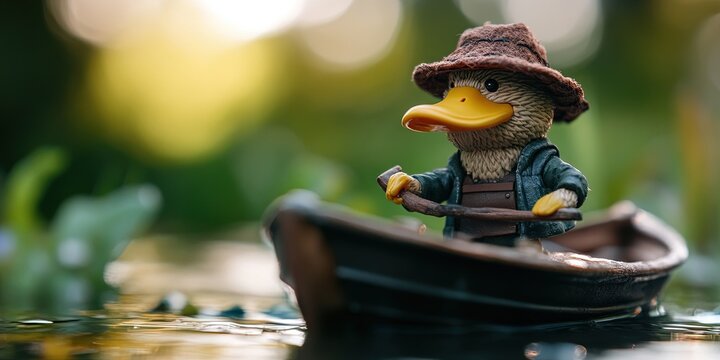 anthropomorphized duck fisherman in rowboat 