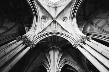 A black and white photograph showcasing the intricate details and architectural balance of a gothic cathedral ceiling, Showcase the symmetry and balance of Gothic architecture