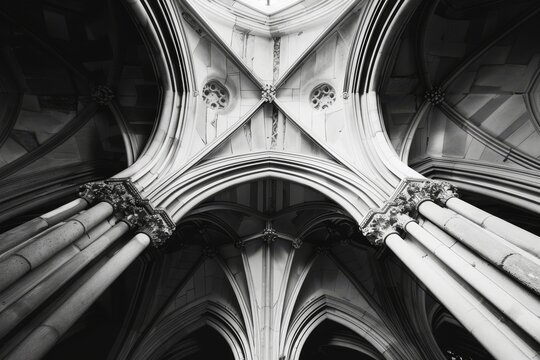 A black and white photograph showcasing the intricate details and architectural balance of a gothic cathedral ceiling, Showcase the symmetry and balance of Gothic architecture - Powered by Adobe