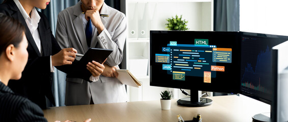 Software development or programming work with coding screen of various programming languages like HTML, Python, Java, and C brisk for new application development
